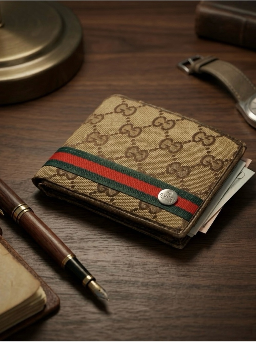Gucci Beige Brown Monogram Bifold Wallet with Green-Red Web Stripe